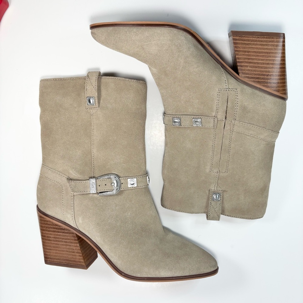 Lucky Brand Sogn Western Tan Suede Ankle Boot Silver Buckle Detail Size 10 Boho - Picture 3 of 7